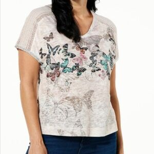 DG2 Diane Gilman V-Neck Butterfly Print Rhinestone Embellished Top size 4X NEW!